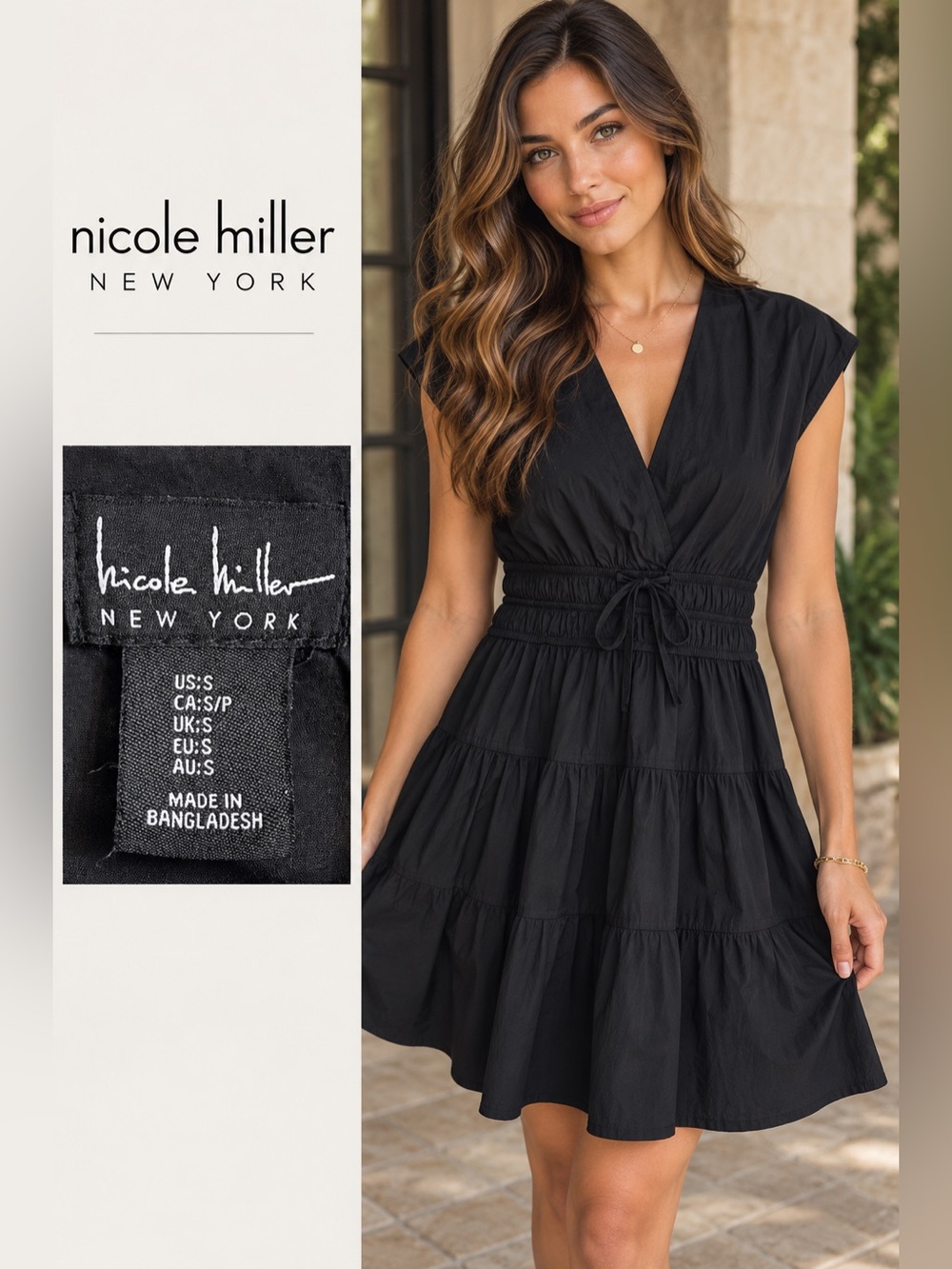 Nicole Miller Black V-Neck Tiered Drawstring Waist Mini Dress